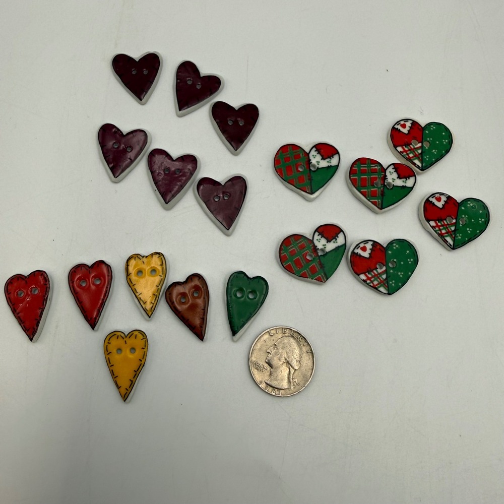 18pc Ceramic Heart Buttons Lot Patchwork Plaid Stitched Primitive Novelty Craft